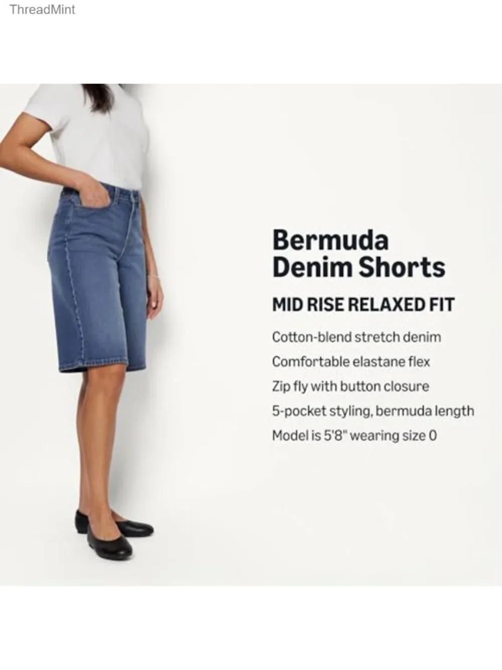 Women's Mid-Rise Relaxed Fit Long Jean Shorts Bermuda Denim 5-Pocket Stretch